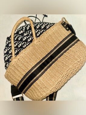 Round Straw Crossbody Bag Navy Oblique Monogram Lining Striped Guitar Strap